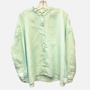 Eileen Fisher Organic Linen Collarless Button Down Shirt Size M Green